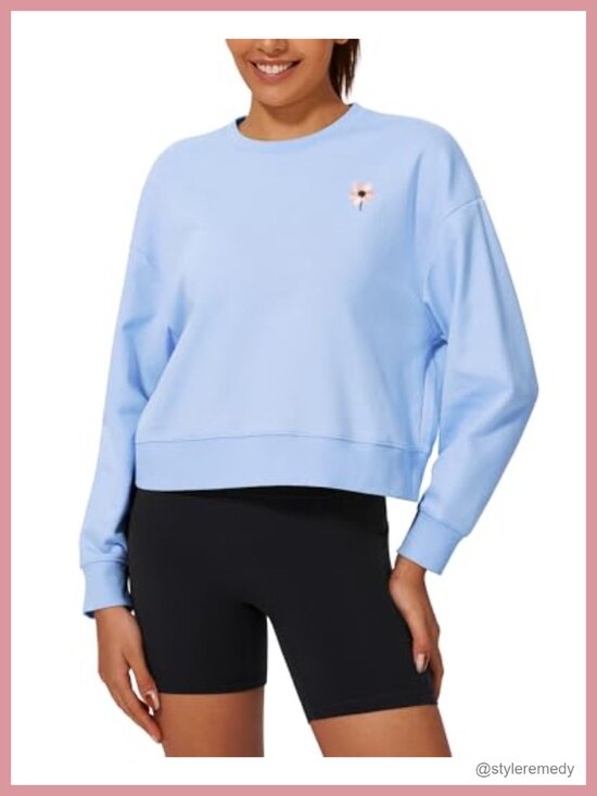 Tops - Cropped Crewneck Sweatshirt Oversized Long Sleeve Cotton Pullover